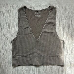 Garage Taupe Ribbed V-Neck Crop Top